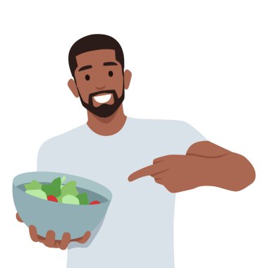 Adam bir salata kasesi tutuyor ve parmağını kaldırıyor. Düz vektör çizimi beyaz arkaplanda izole edildi