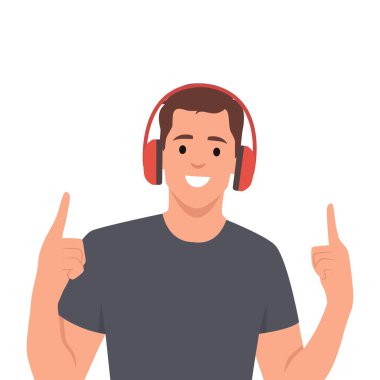 Gülümseyen genç adam modern kablosuz kulaklıkla müzik dinliyor. Düz vektör çizimi beyaz arkaplanda izole edildi