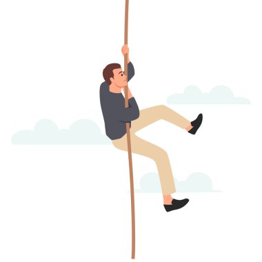 İş adamı aşağıdan korkarak bir ipe tutunuyor. Düz vektör çizimi beyaz arkaplanda izole edildi