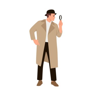 Büyüteci olan genç bir dedektif. Düz vektör çizimi beyaz arkaplanda izole edildi