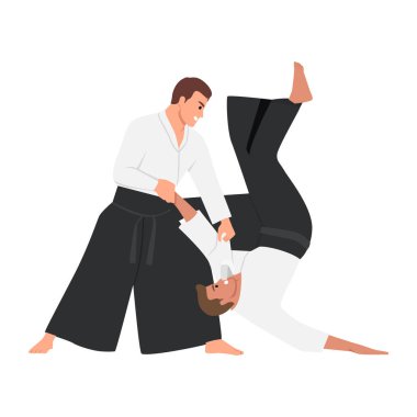 Sporcu judocu, judocu, düelloda dövüşen dövüşçü, dövüş, maç. Judo sporu. Düz vektör çizimi beyaz arkaplanda izole edildi