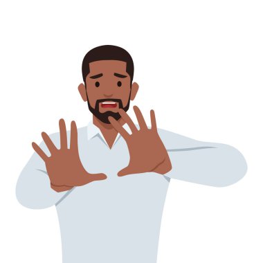 Genç adam ağzını açarken yüz ifadesinden korkar. El hareketlerini bırak. Düz vektör çizimi beyaz arkaplanda izole edildi