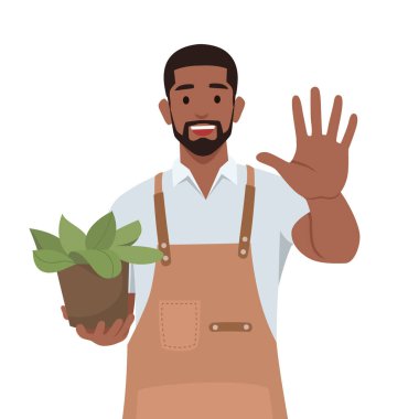 Genç adam beş numarayı gösteriyor. Bahçıvan ve bitki. Tulum giyiyordu. Düz vektör çizimi beyaz arkaplanda izole edildi