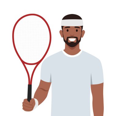 Genç sakallı yakışıklı tenis oyuncusu ayakta duruyor. Düz vektör çizimi beyaz arkaplanda izole edildi