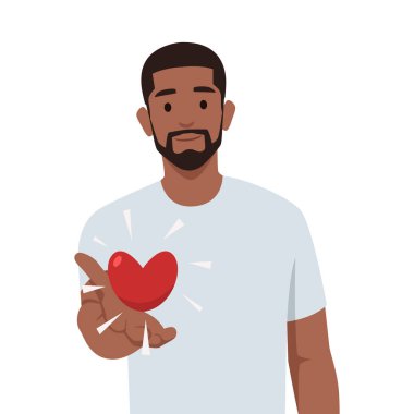 Kalp tutan gülümseyen bir adam. İnsan bir kalp verir. Düz vektör çizimi beyaz arkaplanda izole edildi