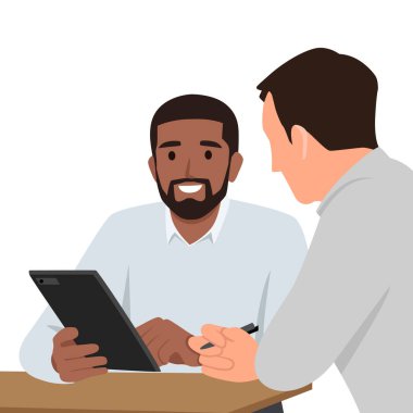 Ofisteki genç iş adamları. Dokunmatik ekran planlama satışlarıyla işbirliği. Düz vektör çizimi beyaz arkaplanda izole edildi