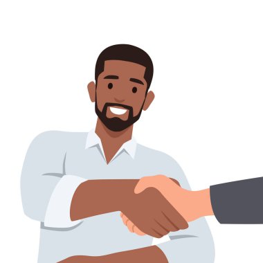 Ofisteki bir toplantıda iki kendine güvenen iş adamı el sıkışıyor. Düz vektör çizimi beyaz arkaplanda izole edildi