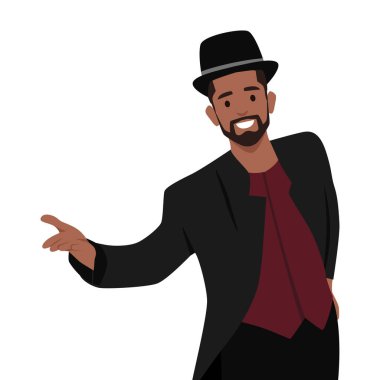 Nakışlı bir kaftandaki genç sakallı aktör seyirciyi karşıladı. Düz vektör çizimi beyaz arkaplanda izole edildi