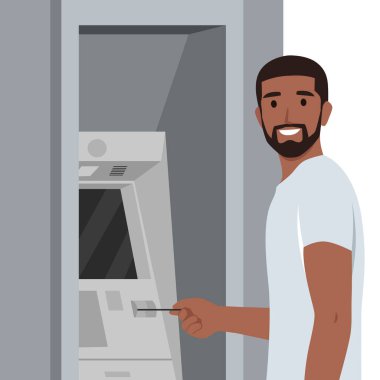 ATM 'den para çekmek. Genç adam ATM makinesine para almak için şifre girişi yapıyor. Düz vektör çizimi beyaz arkaplanda izole edildi