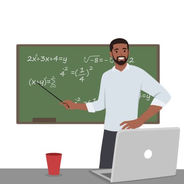 Genç lise öğretmeni sınıfta dizüstü bilgisayarla matematik öğretiyor. Düz vektör çizimi beyaz arkaplanda izole edildi