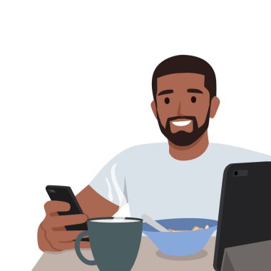 Cep telefonunu kontrol ederken kahvaltı yapan bir adam. Düz vektör çizimi beyaz arkaplanda izole edildi