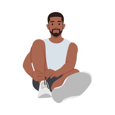 Spor ayakkabı bağcıklarını bağlayan spor yapan koşucu beyaz arka planda izole edilmiş düz vektör illüstrasyonu