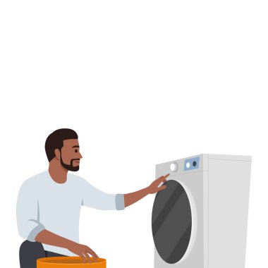 Genç adam çamaşır makinesiyle çamaşırları yıka. Düz vektör çizimi beyaz arkaplanda izole edildi