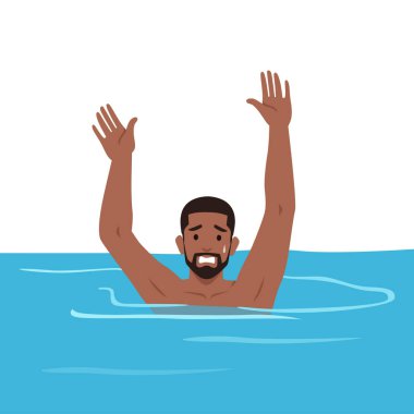 Stresli bir adam suda boğuluyor yükselen el yardım istiyor. Düz vektör çizimi beyaz arkaplanda izole edildi