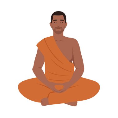 Budist keşiş nilüfer çiçeği pozunda meditasyon yapıyor. Düz vektör çizimi beyaz arkaplanda izole edildi