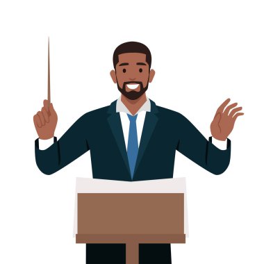 Young man who directs the performance of orchestra or choir. Bandleader. Flat vector illustration isolated on white background clipart