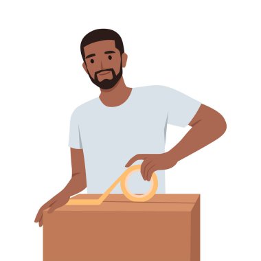 Adam kişisel eşyalarını karton yer değiştirme kutusuna koyar. Düz vektör çizimi beyaz arkaplanda izole edildi