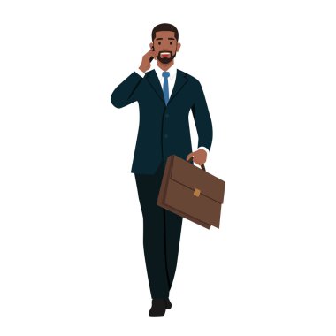 Sokakta yürüyen ve telefonda konuşan genç bir işadamı. Düz vektör çizimi beyaz arkaplanda izole edildi