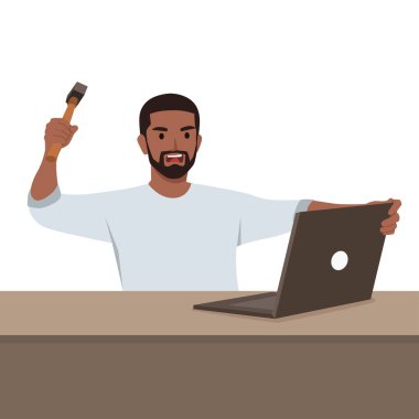 Öfkeli adam internette sörf yapmaya engel olan rahatsız edici reklamlar yüzünden bilgisayar ekranını çekiçle parçalıyor. Düz vektör çizimi beyaz arkaplanda izole edildi