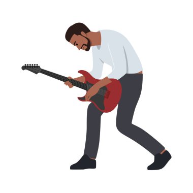 Genç rockstar tek başına gitar çalıyor. Günlük kıyafetlerle. Düz vektör çizimi beyaz arkaplanda izole edildi