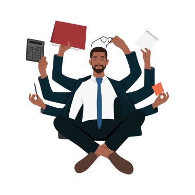 Farkındalık meditasyonu yapan genç bir iş adamı. Düz vektör çizimi beyaz arkaplanda izole edildi