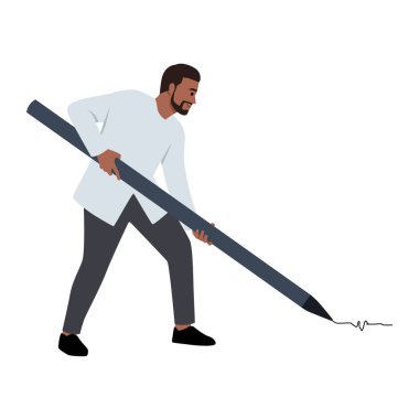 Genç adam büyük bir kalem tut. Yazar tabela yapıyor. Düz vektör çizimi beyaz arkaplanda izole edildi