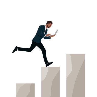 Bilgisayarı elinde tutan adam nokta analizi veri finansmanı ile ekonomi hisse senedi başarısı ticareti kazanıyor. Düz vektör çizimi beyaz arkaplanda izole edildi