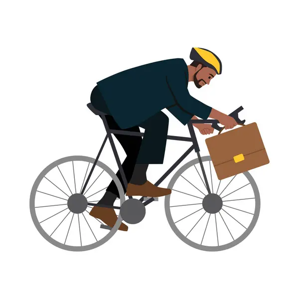 stock vector Young beardd employee with a healthy lifestyle riding an utility bicycle to a modern workplace. Flat vector illustration isolated on white background