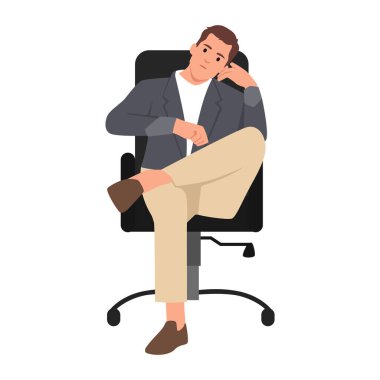 Sandalyede oturan endişeli adam üzüntü ve stres hissediyor. Düz vektör çizimi beyaz arkaplanda izole edildi