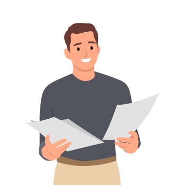 Genç adam evraklara bakıyor. Düz vektör çizimi beyaz arkaplanda izole edildi