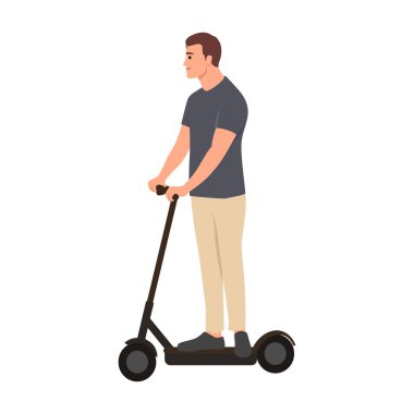 Genç adam elektromanyetik scooter 'a biniyor. Düz vektör çizimi beyaz arkaplanda izole edildi