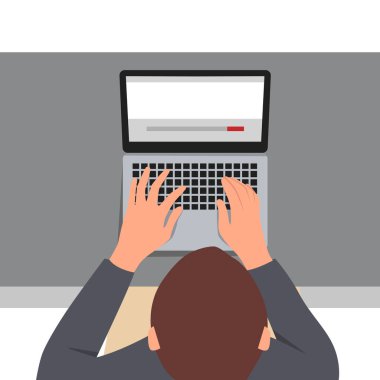 Dizüstü bilgisayarla çalışan adam, en iyi görüntü. Düz vektör çizimi beyaz arkaplanda izole edildi