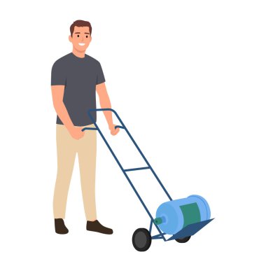 Şişeler dolusu su getiren teslimatçı. Düz vektör çizimi beyaz arkaplanda izole edildi