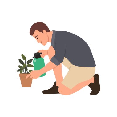 Ficus bitkisini sulayan genç adam diz çöktü. Düz vektör çizimi beyaz arkaplanda izole edildi