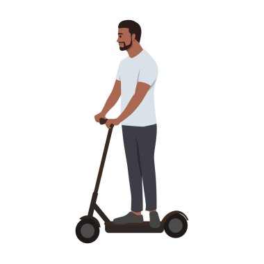 Genç sakallı adam, elektromanyetik scooter kullanıyor. Düz vektör çizimi beyaz arkaplanda izole edildi