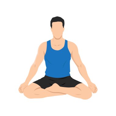 Adam başarılı ya da Sidhasana yoga egzersizi yapıyor. Düz vektör çizimi beyaz arkaplanda izole edildi