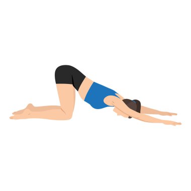 Genişletilmiş Yavru Yoga pozu veren kadın. Uttana Shishosana. Düz vektör çizimi beyaz arkaplanda izole edildi