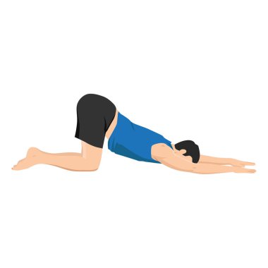 Genişletilmiş Yavru Yoga pozu veren adam. Uttana Shishosana. Düz vektör çizimi beyaz arkaplanda izole edildi