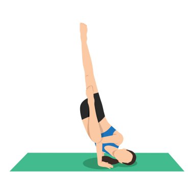 Düşmüş Melek Pozu ya da Devaduuta Panna Asana yoga egzersizi yapan kadın. Düz vektör çizimi beyaz arkaplanda izole edildi