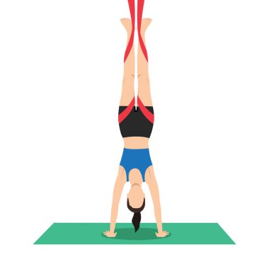 Amuda kalkan poz veren kadın ya da Adho Mukha Vrksasana Hava yogası egzersizi yapan kadın. Düz vektör çizimi beyaz arkaplanda izole edildi