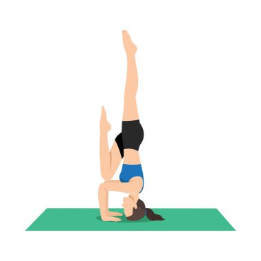 Tripod Headstand Hazırlayan Kadın Tek Bacağı Yarım Kalkmış veya Catur Svanasana Sirsasana Eka Janu Kurpara Eka Ardha Urdhva. Düz vektör çizimi beyaz arkaplanda izole edildi