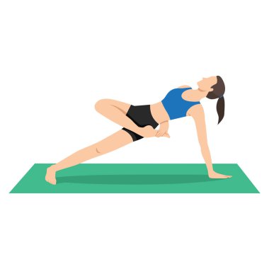 Yan Plank Çeşitlemesi yapan Kadın Yarı Zıplayan Poz ya da Vasisthasana Çeşitliliği Parivrtta Ardha Baddha Asana. Düz vektör çizimi beyaz arkaplanda izole edildi