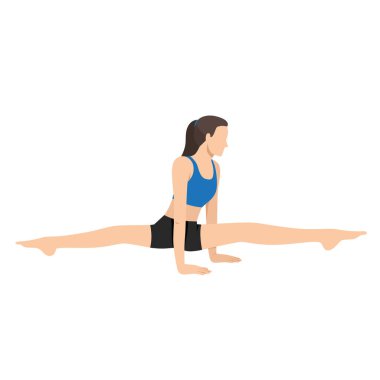 Ayakta Kaldırma Pozu ya da Hasta Upavistha Konasana yoga egzersizi yapan bir kadın. Düz vektör çizimi beyaz arkaplanda izole edildi