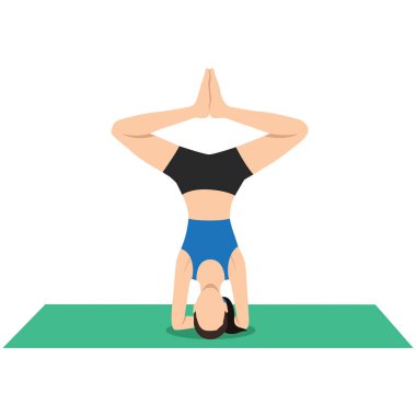 Poz veren kadın açılı bacakları ya da Salamba Sirsasana Baddha Konasana yoga egzersizi yapıyor. Düz vektör çizimi beyaz arkaplanda izole edildi