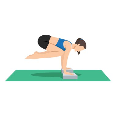 Pendant Poose Block ya da Lolasana Blokları yoga egzersizi yapan bir kadın. Düz vektör çizimi beyaz arkaplanda izole edildi