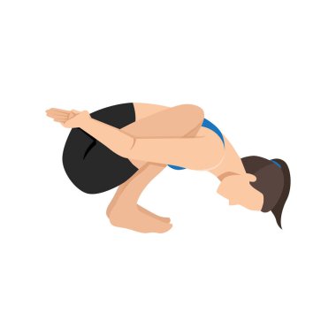 Bound Garland Poose Forward Bend ya da Baddha Malasana Forward Bend yoga egzersizi yapan bir kadın. Düz vektör çizimi beyaz arkaplanda izole edildi