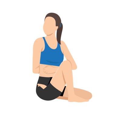 Marichi Poose D Spinal Twist ya da Marichyasana D yoga egzersizi yapan bir kadın. Düz vektör çizimi beyaz arkaplanda izole edildi