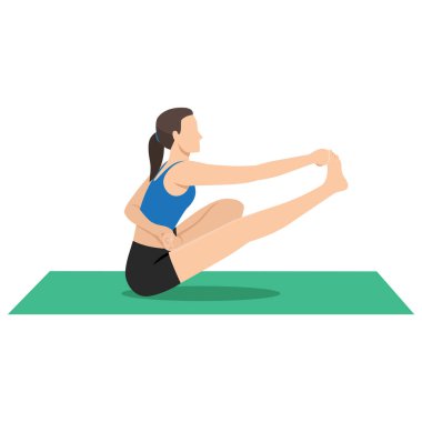 Half Bound Lotus Tekne Pozu ya da Ardha Baddha Padma Navasana yoga egzersizi yapan bir kadın. Düz vektör çizimi beyaz arkaplanda izole edildi