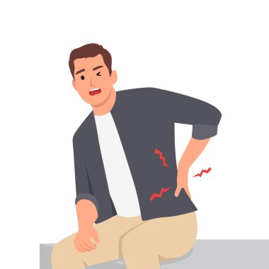 Sırt ağrısı çeken genç bir adam. Düz vektör çizimi beyaz arkaplanda izole edildi