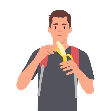 Muz yiyen genç bir adam. Düz vektör çizimi beyaz arkaplanda izole edildi